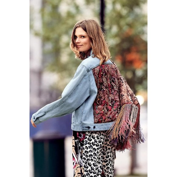 Free People Paisley Quilted Back Patch Denim Jean Jacket Oversized Women's XS/S - Picture 1 of 6